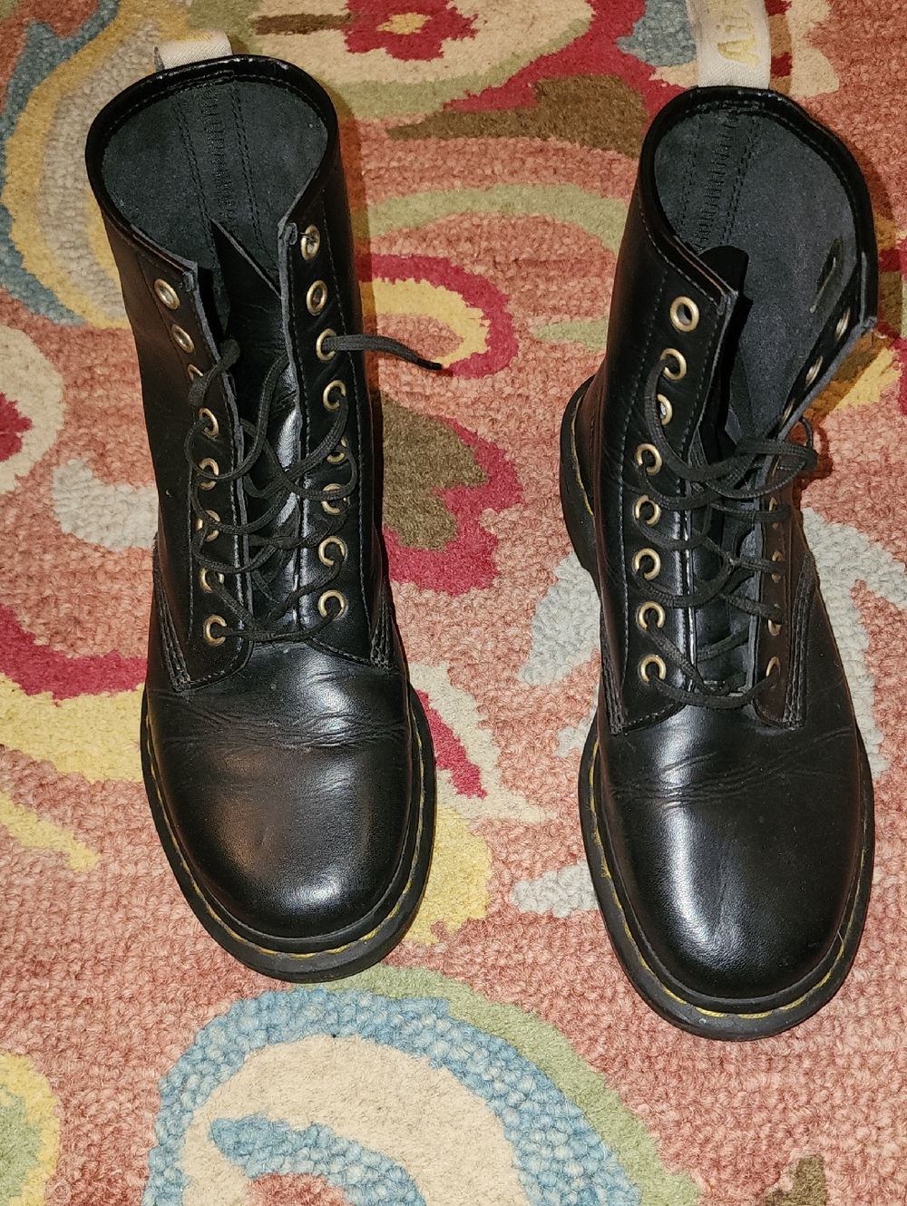 Dr. Martens Black Leather Lace-Up Combat Boots with Yellow Welt Stitching
